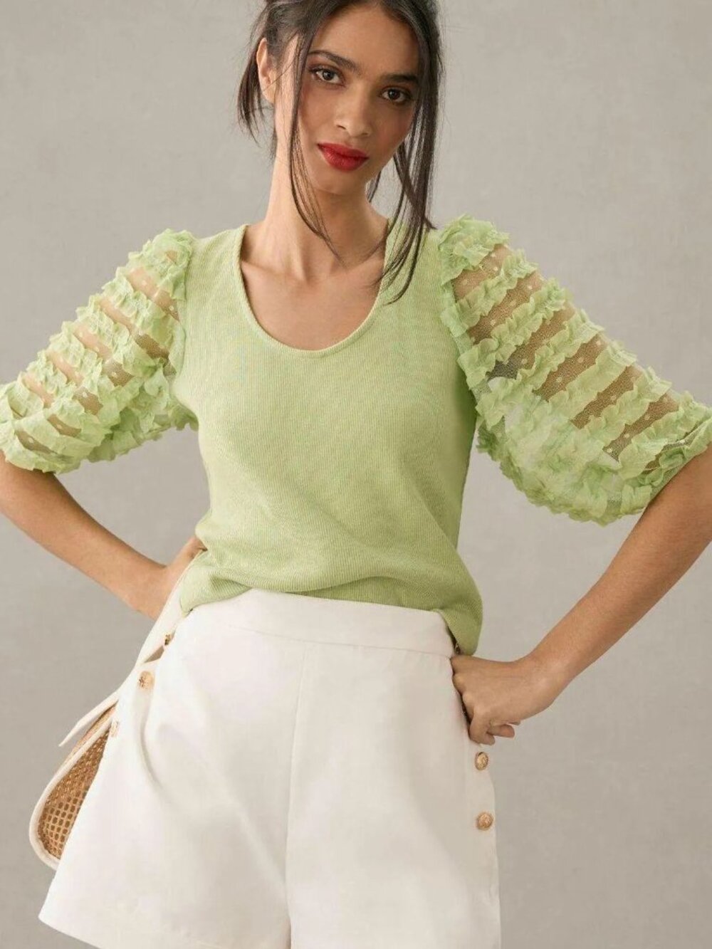 Dolan Anthropologie Ruffle Puff lace Sleeve Green‎ Ribbed Top blouse sz M